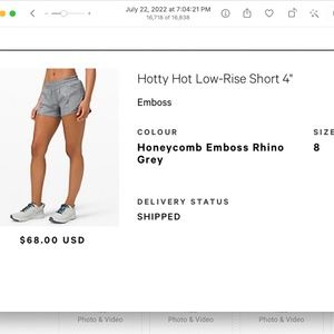 Lululemon Hot Hot Low Rise Shorts, Honeycomb Emboss Rhino, Size 8